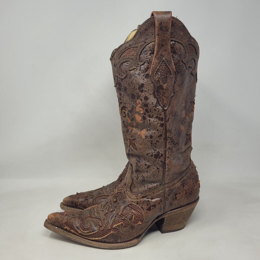 Corral Boots 6.5 Brown Lizard Leather Inlay Snip Toe Cowgirl Western Rodeo C2109 - Picture 10 of 13